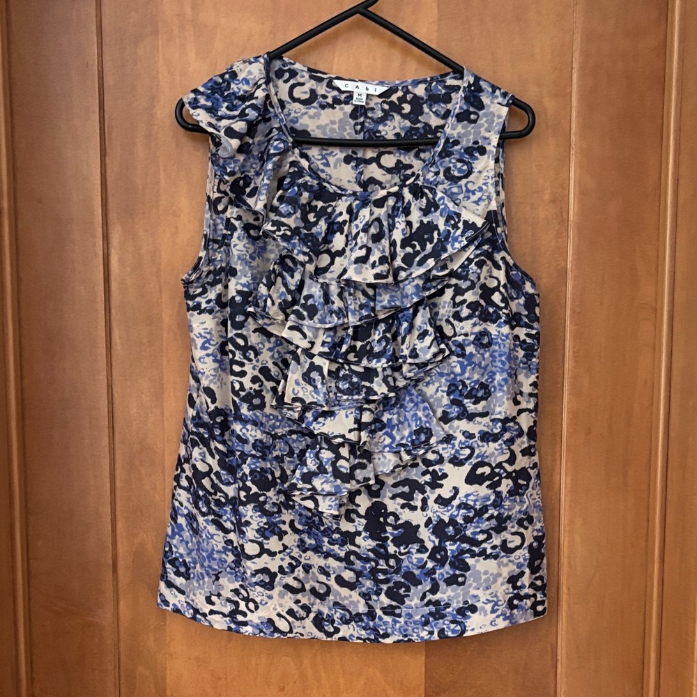 CAbi Blue and Black Animal Print Ruffle Blouse